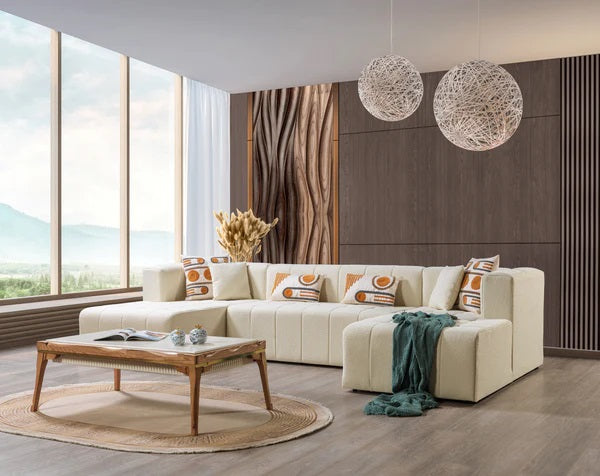 Elisha Ivory Boucle Double Chaise Sectional. New Arrival.