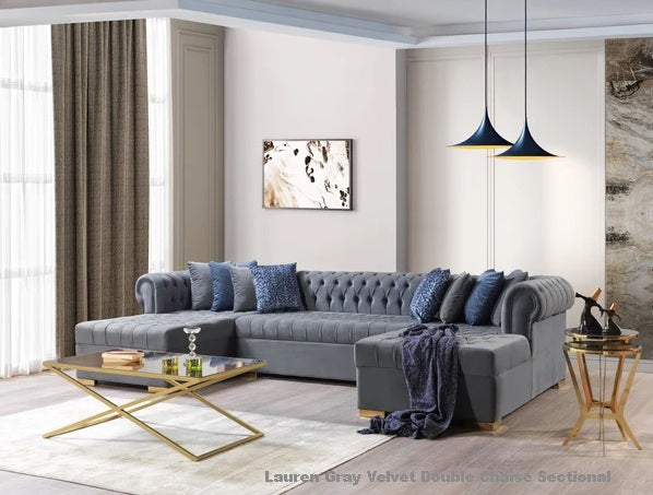 Lauren Velvet Gray Double Chaise Sectional.