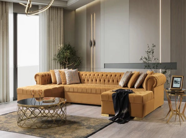 Lauren Velvet Mustard Double Chaise Sectional.