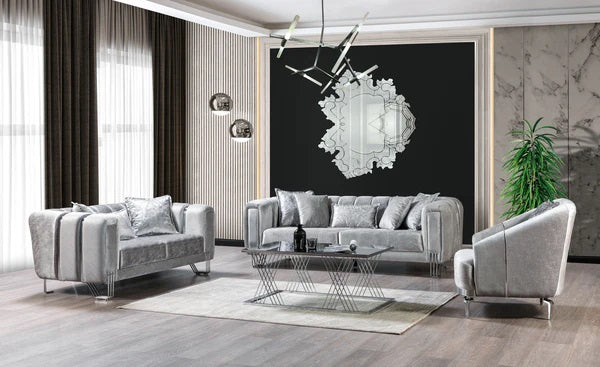 Santana Silver Velvet Sofa & Loveseat. New Arrival.