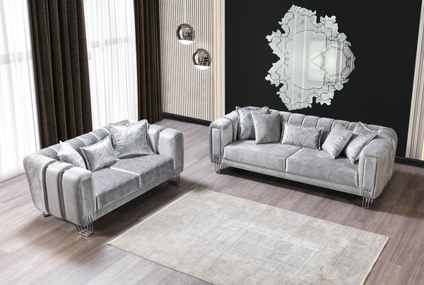 Santana Silver Velvet Sofa & Loveseat. New Arrival.