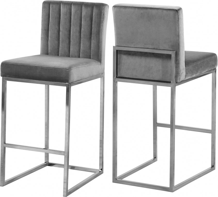 Taburete alto Giselle de terciopelo gris plateado