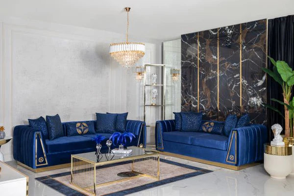 Sofá y loveseat de terciopelo azul marino Olympia. NUEVA LLEGADA