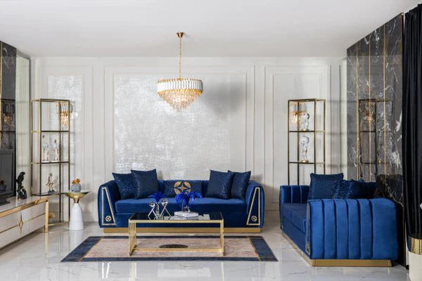 Sofá y loveseat de terciopelo azul marino Olympia. NUEVA LLEGADA
