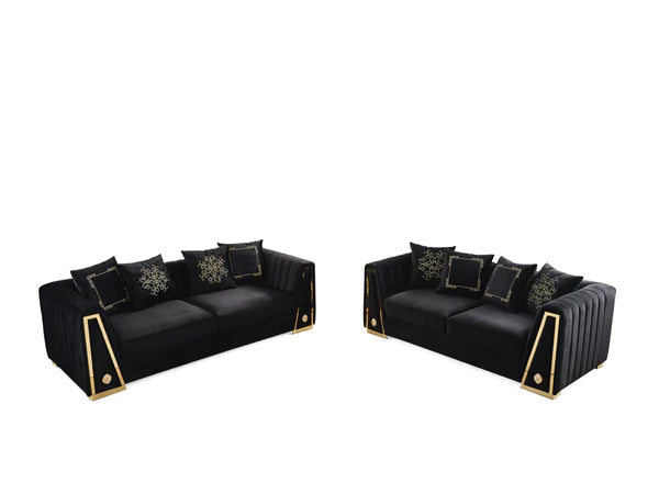 Sofá y loveseat de terciopelo negro Sheila. 
