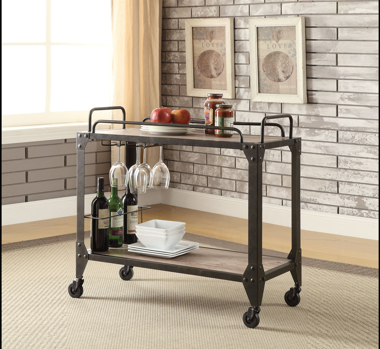 Caitlin Rustic Oak & Black Serving Cart image