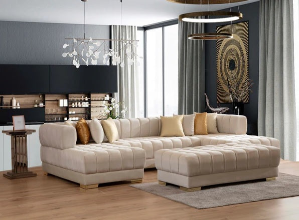 Chaise seccional doble de terciopelo marfil Ariana.