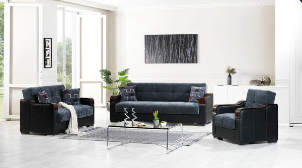 Sofá cama, sofá de dos plazas y silla Arisa ahumados.
