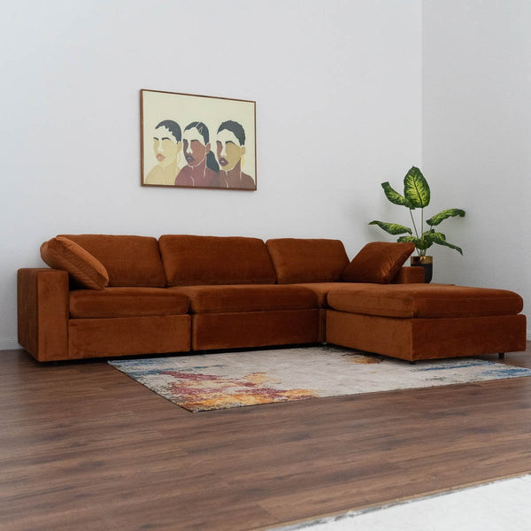 Arny Orange Velvet Large Modern Reversible Sectional. COMING SOON.