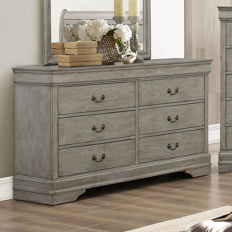 SETB3550 JUEGO DE DORMITORIO QUEEN GRIS LOUIS PHILIP TRINEO DE 4 PIEZAS. 