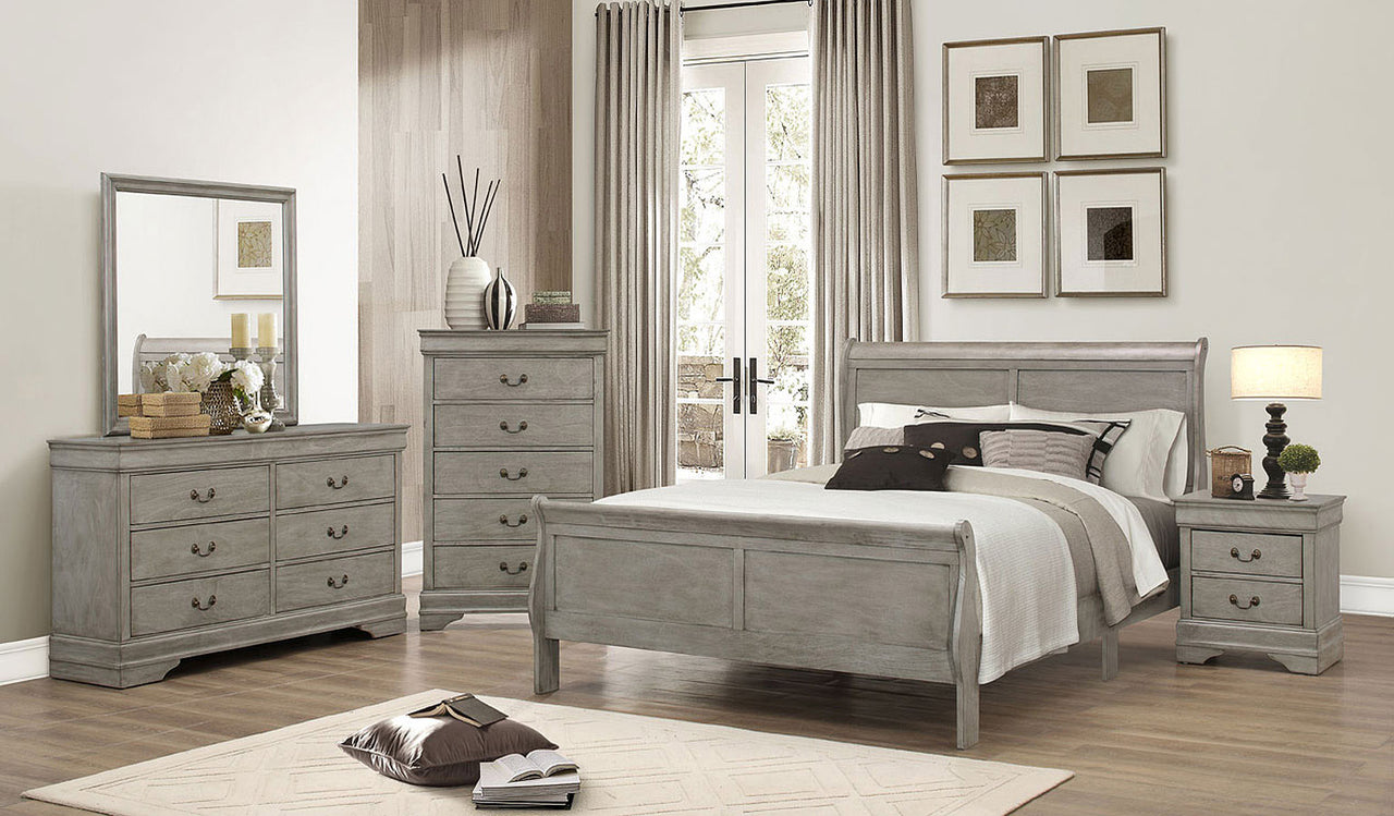 SETB3550 JUEGO DE DORMITORIO QUEEN GRIS LOUIS PHILIP TRINEO DE 4 PIEZAS. 