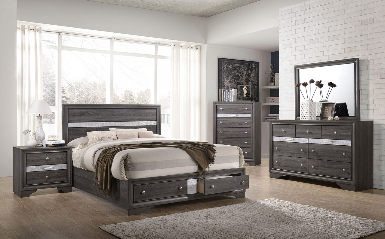 B4650 Juego de 4 piezas de dormitorio tamaño queen con almacenaje gris Regata. 