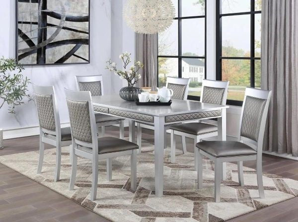 D248-7 Juego de mesa de comedor plateada y 6 sillas de comedor de 7 piezas.
