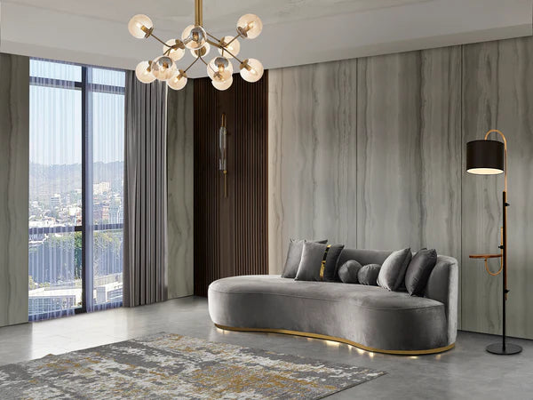 Ella Gray Velvet Chaise Lounge.