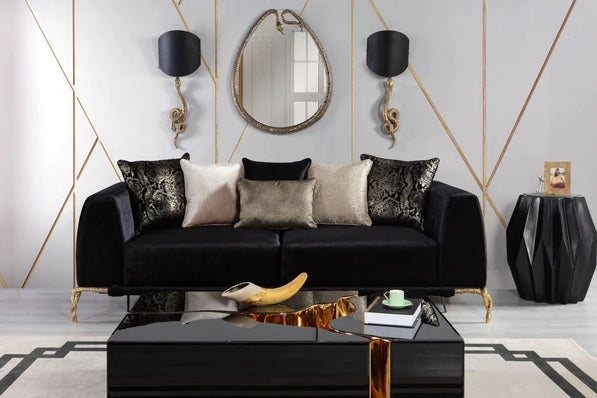 Sofá y loveseat de terciopelo negro Giselle. Recién llegado.
