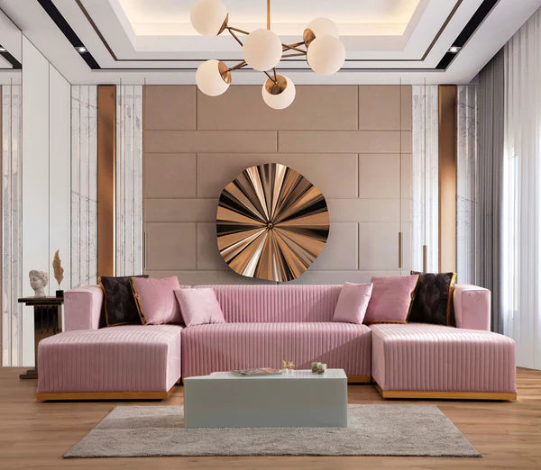 Seccional con chaise doble de terciopelo rosa Juliana. Próximamente. 