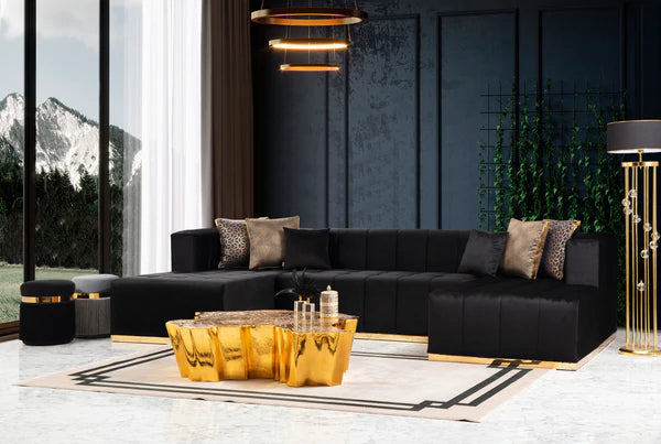 Chaise seccional doble Elisha Velvet Black.Nueva llegada