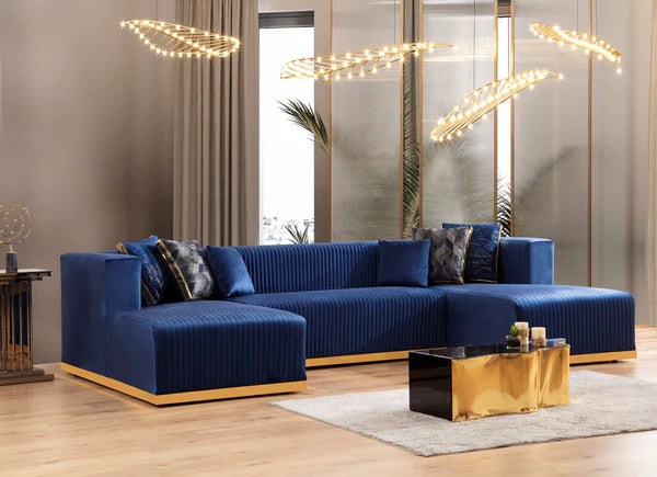 Seccional con chaise doble de terciopelo azul marino Juliana.Nueva llegada. 
