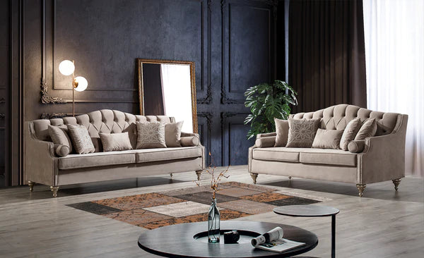Lotus Mocha Velvet Sofa and Loveseat 2PC Set.