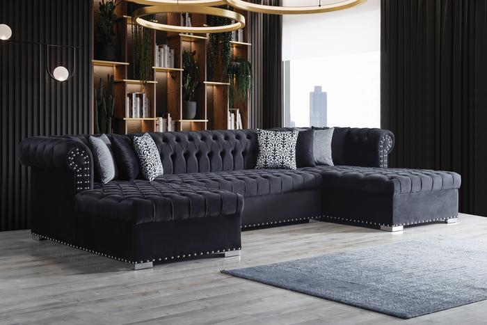 Larry Velvet Black Double Chaise Sectional.Coming Soon