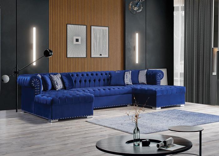 Larry Navy Velvet Double Chaise Sectional.Coming Soon.