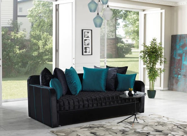 Sofá cama doble con almacenamiento Leptis en color negro. Recién llegado.