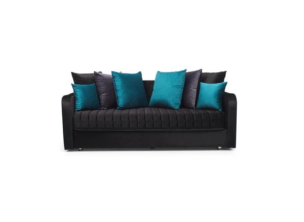 Sofá cama doble con almacenamiento Leptis en color negro. Recién llegado.