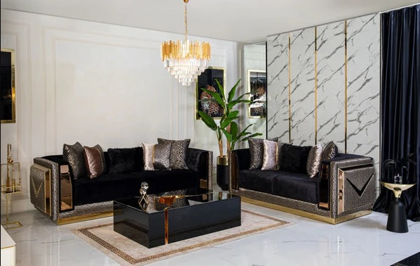 Juego de sofá y loveseat de terciopelo negro Lincoln de 2 piezas. Próximamente 