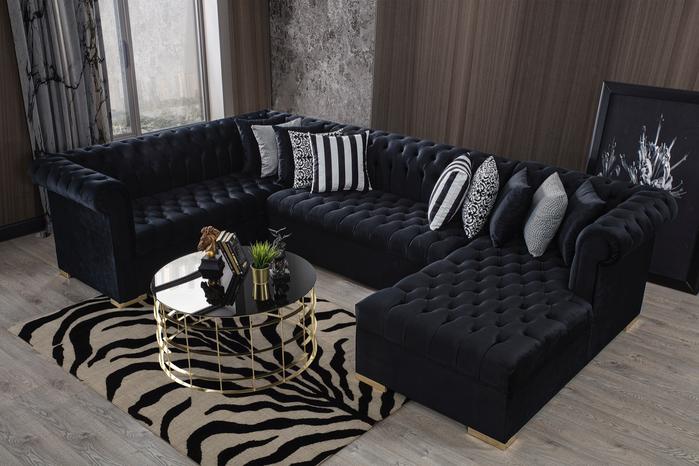 Luxen Velvet Black RAF Chaise Sectional. Coming Soon.