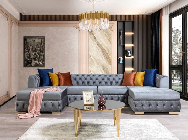 Chaise seccional doble de terciopelo gris Matilda, recién llegado.