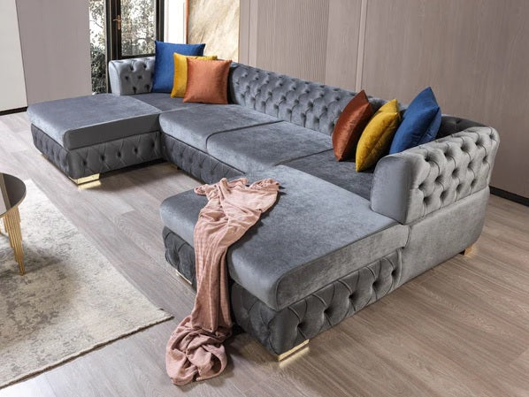 Chaise seccional doble de terciopelo gris Matilda, recién llegado.