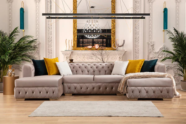 Matilda Stone Velvet Double Chaise Sectional, New Arrival.