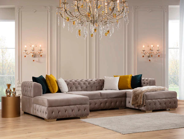 Matilda Stone Velvet Double Chaise Sectional, New Arrival.