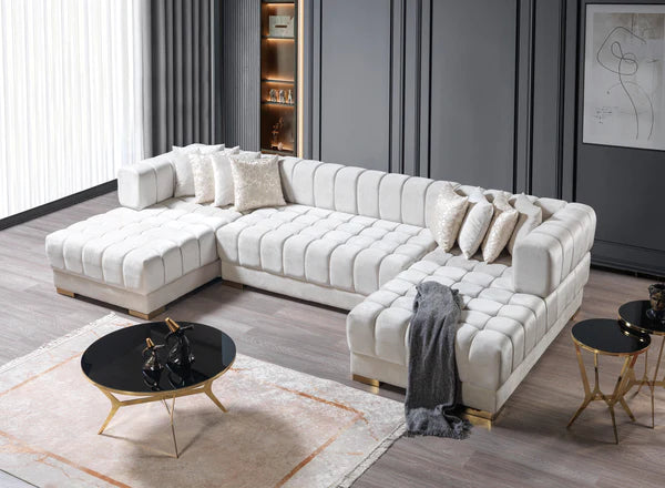 Chaise seccional doble de terciopelo marfil Ariana.