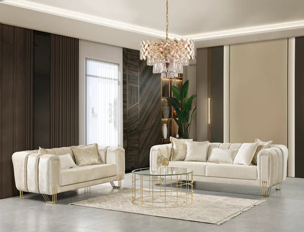 Sofá y loveseat de terciopelo marfil Santana. Muy pronto