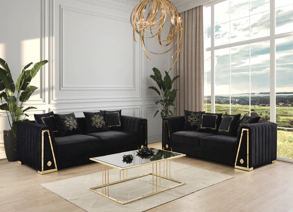 Sofá y loveseat de terciopelo negro Sheila. 
