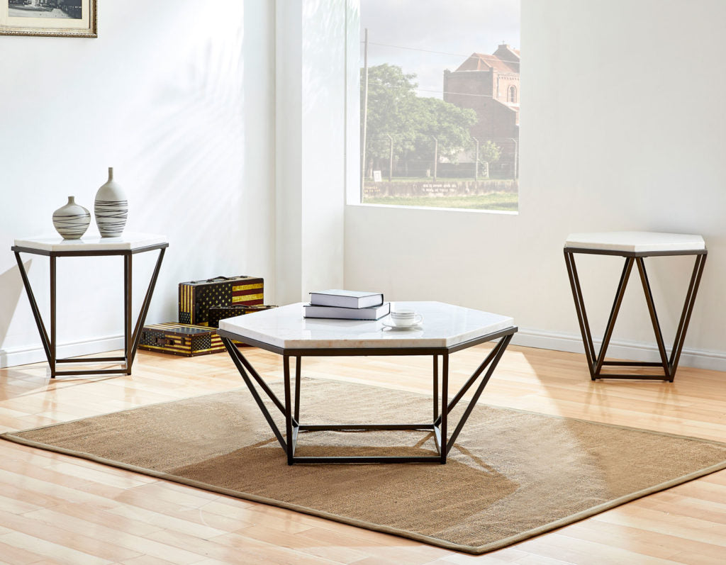 CV200 - Marble Top Hexagon Cocktail Table + 2 End Table Set **New Arrival**