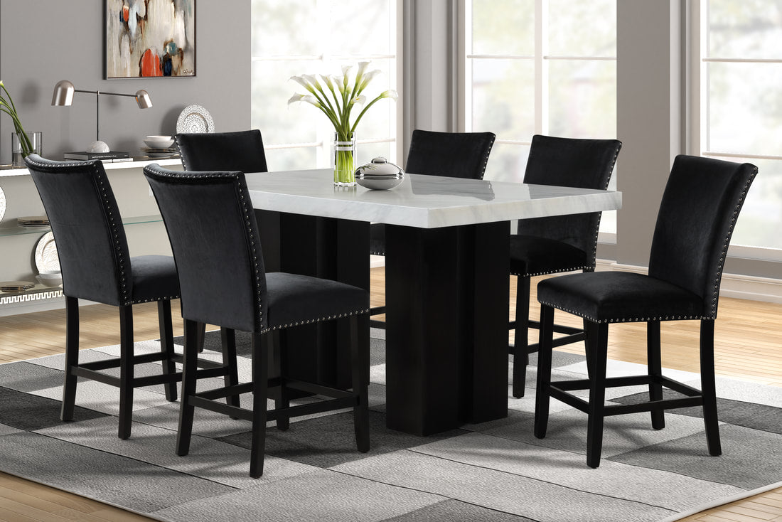 2220 - (FAUX MARBLE) Mesa alta negra para mostrador + Juego de 6 sillas