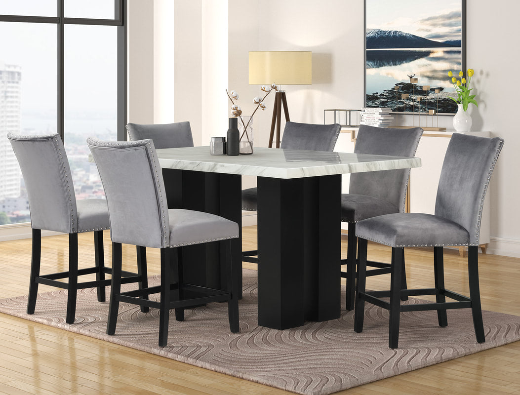 2220 - (SINTÉTICO MÁRMOL) Mesa alta para mostrador gris + Juego de 6 sillas