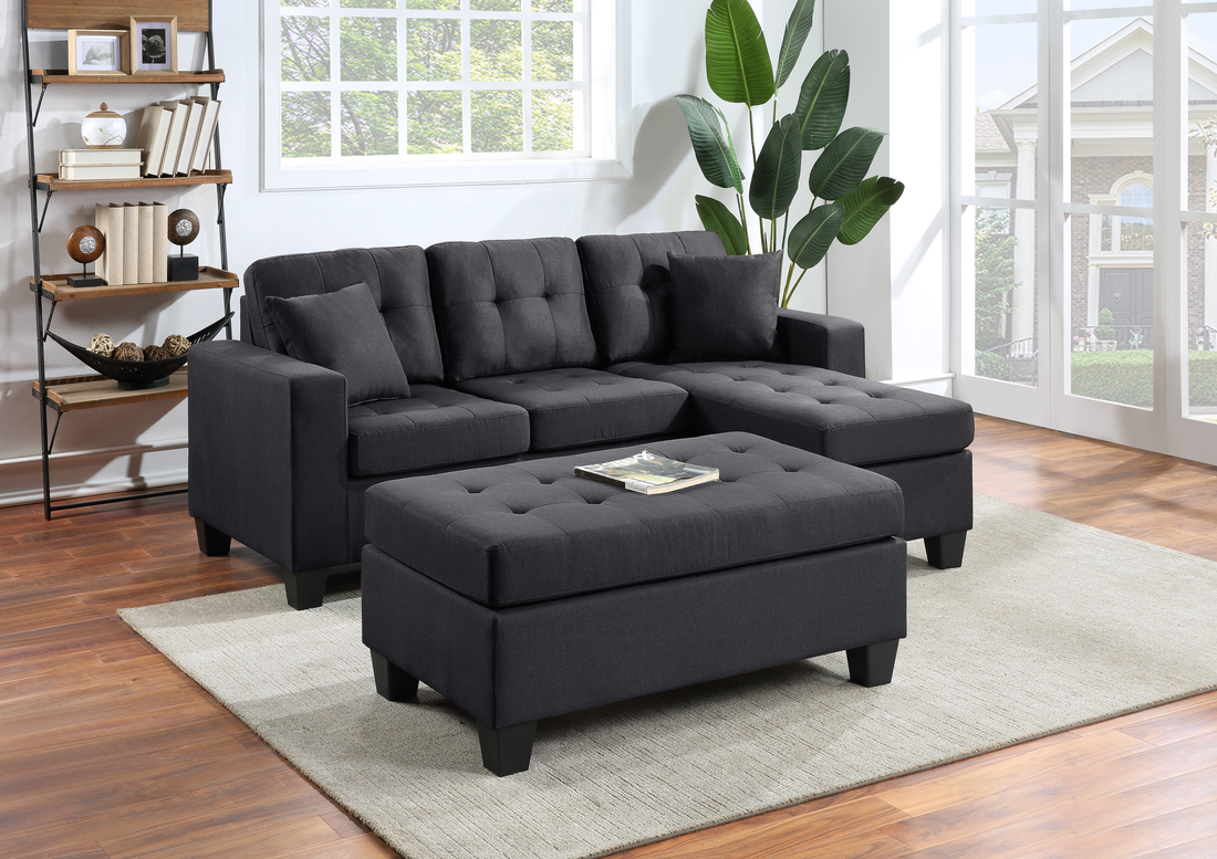 Naomi Black Linen - Seccional y Otomana Reversible 