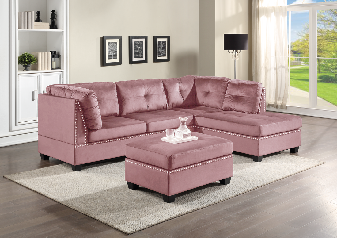 Sienna - Conjunto seccional + otomana de terciopelo rosa (terciopelo rosa) **NUEVA LLEGADA** 